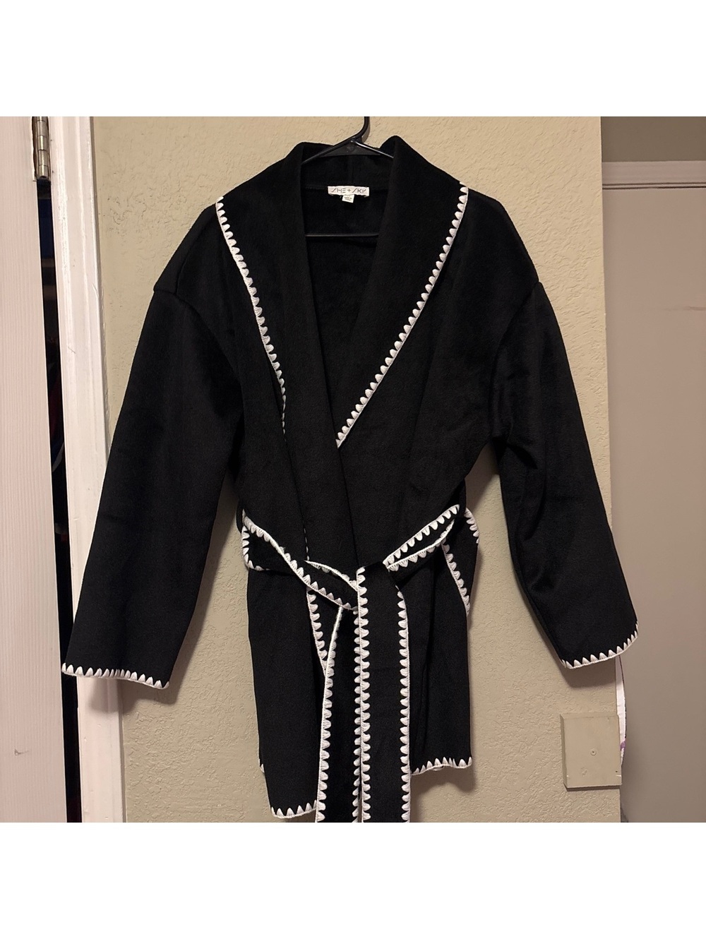 SHE+SKY Black Alpine Coat with White Trim, Size M